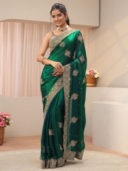Libas - Green Tissue Embellished/Sequined Saree with Unstitched Blouse