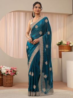 Libas - Teal Tissue Embellished/Sequined Saree with Unstitched Blouse