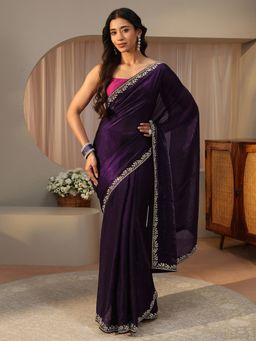 Libas - Purple Tissue Embellished/Sequined Saree with Unstitched Blouse