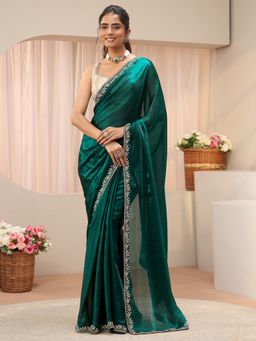 Libas - Green Tissue Embellished/Sequined Saree with Unstitched Blouse