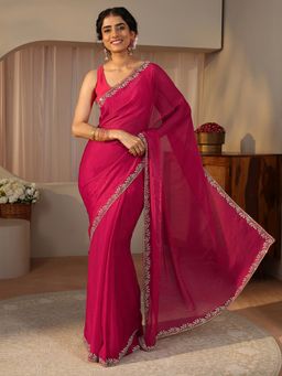 Libas - Red Tissue Embellished/Sequined Saree with Unstitched Blouse