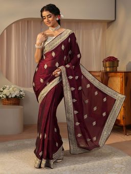 Libas - Maroon Tissue Embellished/Sequined Saree with Unstitched Blouse