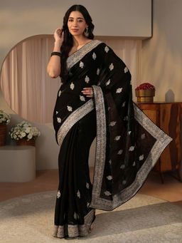 Libas - Black Tissue Embellished/Sequined Saree with Unstitched Blouse