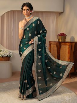 Libas - Green Tissue Embellished/Sequined Saree with Unstitched Blouse