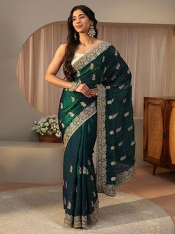 Libas - Green Tissue Embellished/Sequined Saree with Unstitched Blouse