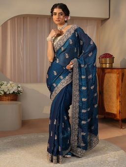 Libas - Teal Tissue Embellished/Sequined Saree with Unstitched Blouse