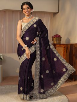 Libas - Purple Tissue Embellished/Sequined Saree with Unstitched Blouse