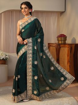 Libas - Green Tissue Embellished/Sequined Saree with Unstitched Blouse