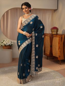 Libas - Teal Tissue Embellished/Sequined Saree with Unstitched Blouse