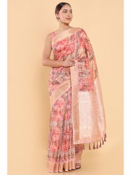 Soch - Women Beige Chanderi Printed Saree with Stitched Blouse
