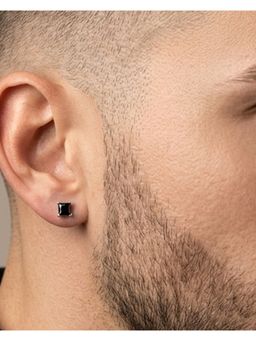 Stone Story By Shruti - 925 Sterling Silver Rhodium Plated Black Stone Stud Earrings for Men
