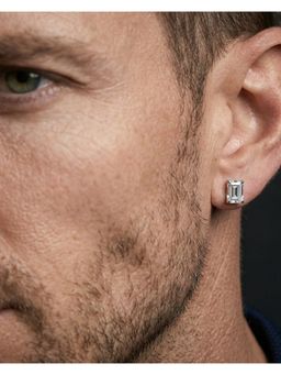 Stone Story By Shruti - 925 Sterling Silver Rhodium Plated Clear Quartz Stud Earrings Men