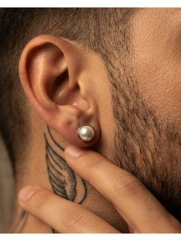 Stone Story By Shruti - 925 Sterling Silver Rhodium Plated Freshwater Pearl Men Stud Earrings