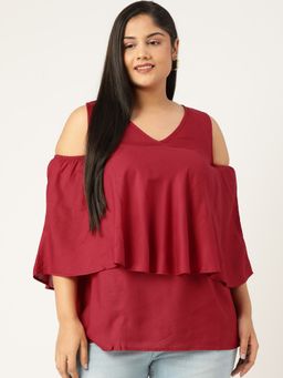 theRebelinme - Plus Size Women Maroon Solid Colour Cold Shoulder Sleeves Layered Top