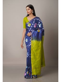 Unnati Silks - Navy Blue Parrot Green Shibori Sico Saree with Unstitched Blouse