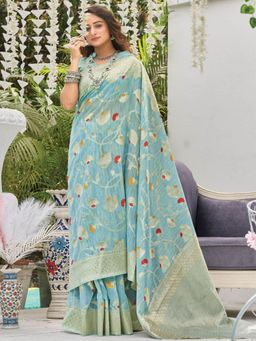 Odette - Blue Heavy Woven Linen Saree with Unstitched Blouse
