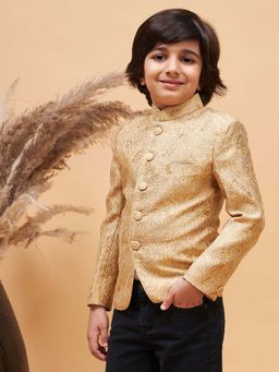 JBN Creation - Boys Rose Gold Self Woven Bracode Silk Blend Jodhpuri Coat