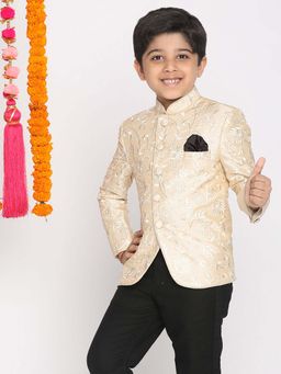 JBN Creation - Thread Work Self Design Beige Silk Blend Jodhpuri Coat