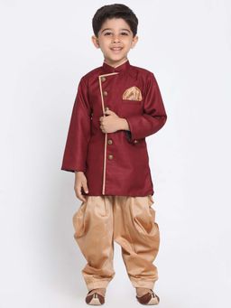 JBN Creation - Boys Maroon Full Sleeves Angrakha Pattern Sherwani with Dhoti