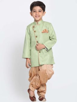 JBN Creation - Boys Green Full Sleeves Angrakha Pattern Sherwani with Dhoti