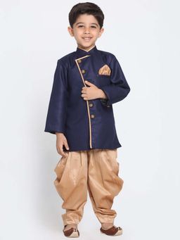 JBN Creation - Boys Navy Blue Full Sleeves Angrakha Pattern Sherwani with Dhoti