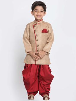 JBN Creation - Boys Beige Full Sleeves Angrakha Pattern Sherwani with Dhoti