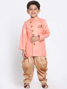 JBN Creation - Boys Peach Full Sleeves Angrakha Pattern Sherwani with Dhoti