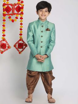 JBN Creation - Boys Green Banarasi Silk Jacquard Sherwani with Dhoti