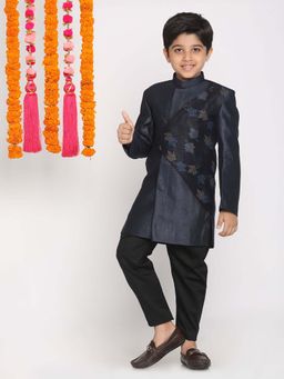 JBN Creation - Boys Navy Blue Jacquard Textured Indowestern Sherwani with Pant