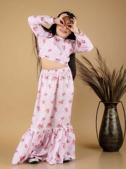 JBN Creation - Pink Cotton Linen Printed Crop Top and Ruffle Skirt