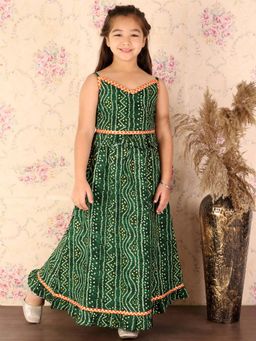 JBN Creation - Green Bandhani Print Rayon Top and Ruffle Skirt