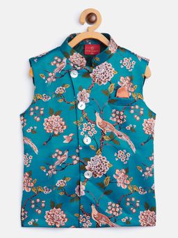 JBN Creation - Boys Turquoise Silk Blend Printed Nehru Jacket