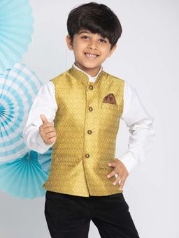JBN Creation - Boys Mustard Self Design Silk Blend Nehru Jacket