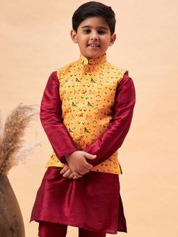JBN Creation - Boys Yellow Silk Blend Patola Printed Nehru Jacket