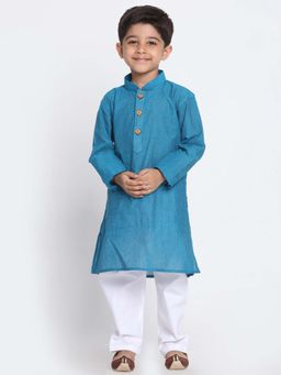 JBN Creation - Boys Aqua Handloom Cotton Self Design Regular Kurta with Pyjama