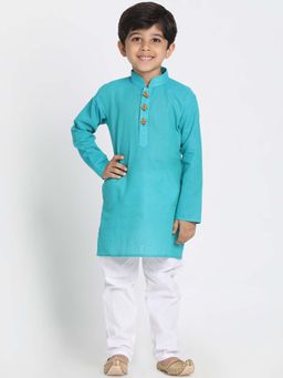 JBN Creation - Boys Teal Handloom Cotton Self Design Regular Kurta with Pyjama