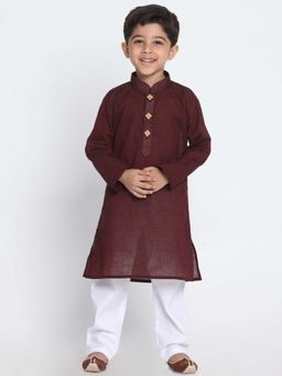 JBN Creation - Boys Maroon Handloom Cotton Self Design Regular Kurta with Pyjama