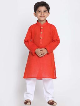 JBN Creation - Boys Red Handloom Cotton Self Design Regular Kurta with Pyjama