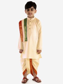 JBN Creation - Boys Cream Viscose Solid Kurta with Dhoti and Dupatta