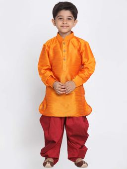 JBN Creation - Boys Orange Silk Blend Solid Regular Kurta with Dhoti