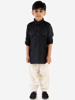 JBN Creation - Boys Black Cotton Blend Solid Pathani Kurta with Patiala