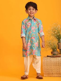 JBN Creation - Boys Aqua Muslin Floral Printed Kurta with Patiala