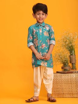 JBN Creation - Boys Turquoise Muslin Floral Printed Kurta with Patiala
