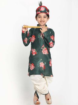 JBN Creation - Boys Green Floral Printed Kurta with Dhoti and Flute with Headband