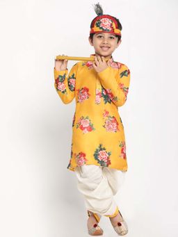JBN Creation - Boys Yellow Floral Printed Kurta with Dhoti and Flute with Headband