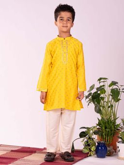 JBN Creation - Boys Yellow Rayon Foil Printed Kurta with Pyjama