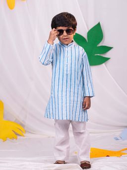 JBN Creation - Boys Blue Cotton All Over Printed Kantha Work Kurta with Pyjama