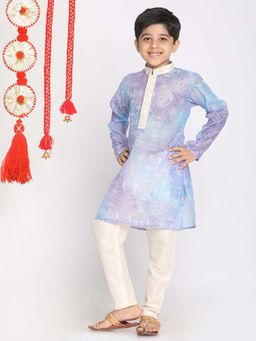 JBN Creation - Boys Blue Printed Navratri Crochet Embroidered Collar Kurta with Pyjama
