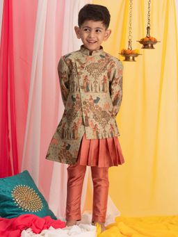 JBN Creation - Boys Green Pichwai Art Silk Fabric Kurta with Pyjama and Sherwani