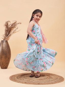 JBN Creation - Girls Muslin Floral Long Length Aqua Anarkali Dress With Ruffle Dupatta